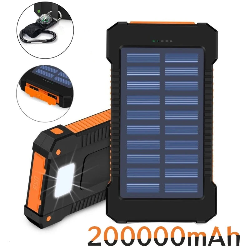 Banco de energía solar portátil de gran capacidad de hasta 200000 mAh con cordón y brújula.
